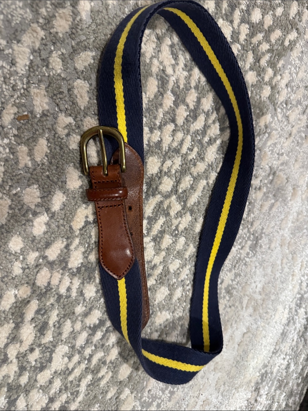 Brooks Brothers Men's Navy and Yellow Striped Belt with Brown Leather Trim